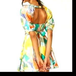 Anthropologie Multicolor Watercolor Mini Dress - Yellow, Teal, Orange